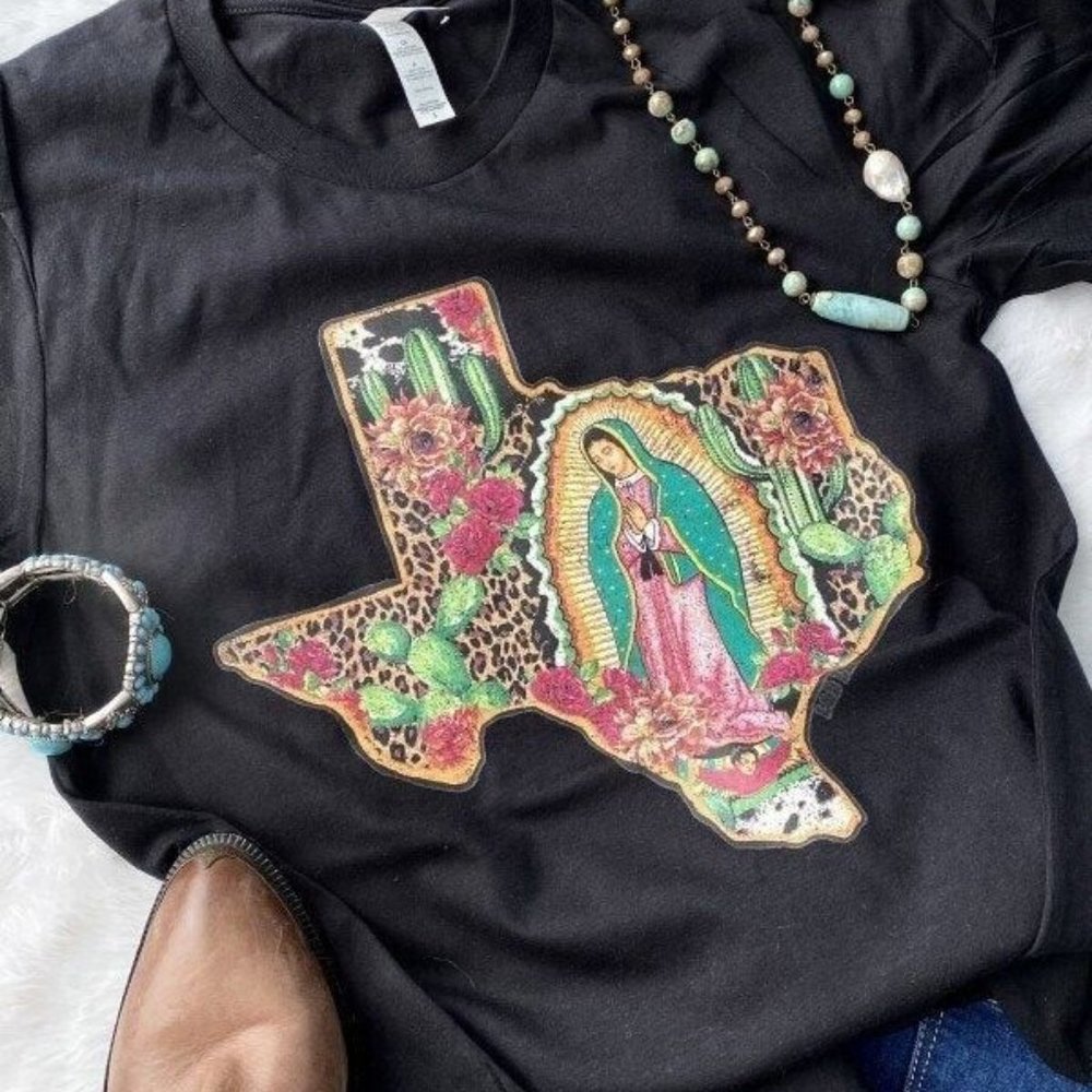 Women's Our Lady Graphic Tee Virgin Mary Texas on Black Bella Canvas
